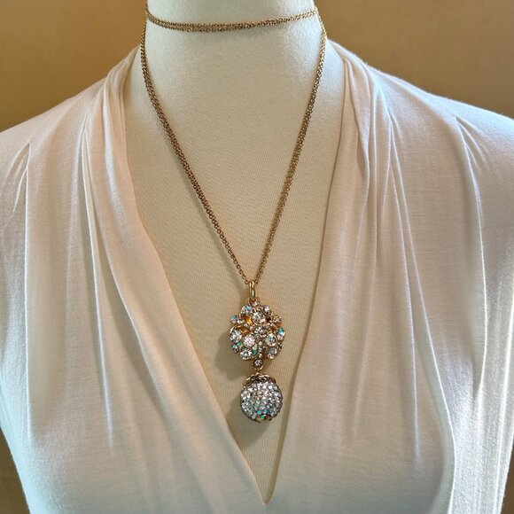 New Talbots Gold-Tone Double Strand Pendant Necklace With Clear Rhinestones NWT - Picture 1 of 9
